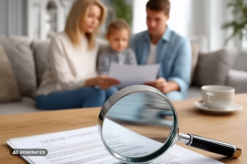 Familie grübelt über ein Dokument. Im Vordergrund liegt ein Dokument auf einem Tisch mit einer Lupe.