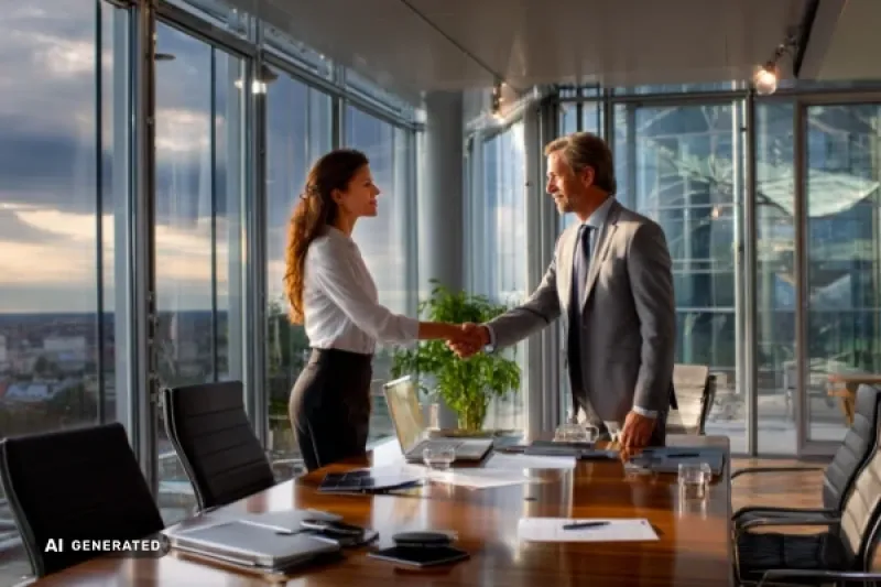 eine Geschäftsfrau und ein Geschäftsmann begrüßen sich in einem modernen Büro