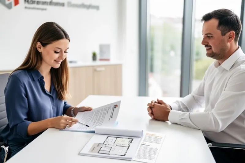 Junge Frau sitzt bei einem Makler im Büro und studiert einen Vertrag