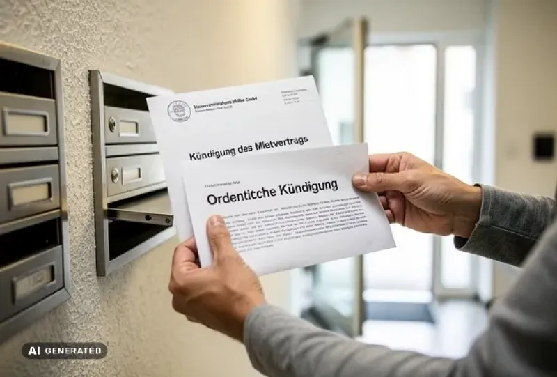 Ein Mann hält im Treppenhaus eine Kündigung in den Händen