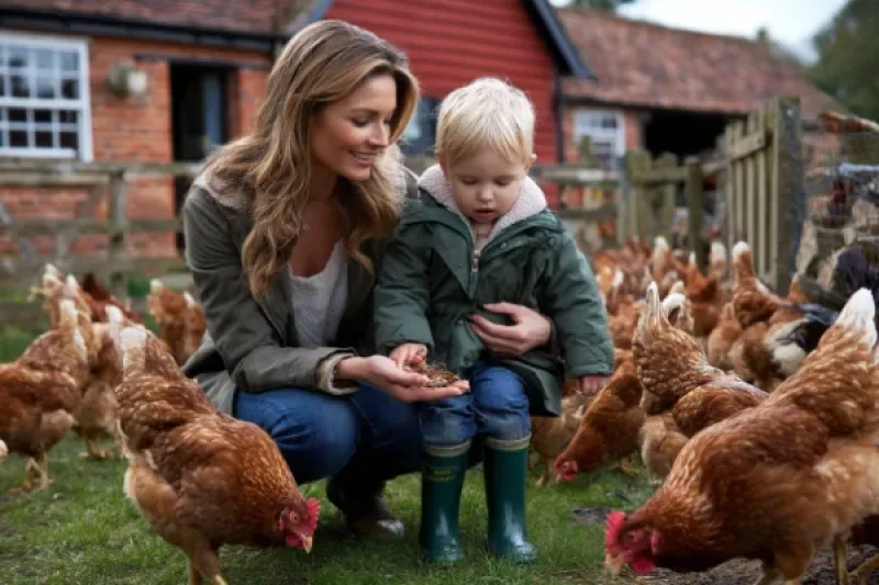 Mutter mit Kleinkind füttert Hühner