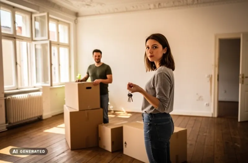 Ein junges Paar steht mit gepackten Umzugskartons im Zimmer einer typischen deutschen Altbauwohnung