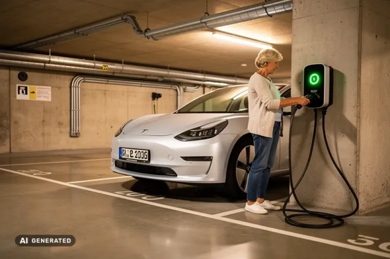 Frau schließt ihr Elektroauto an eine Wallbox an
