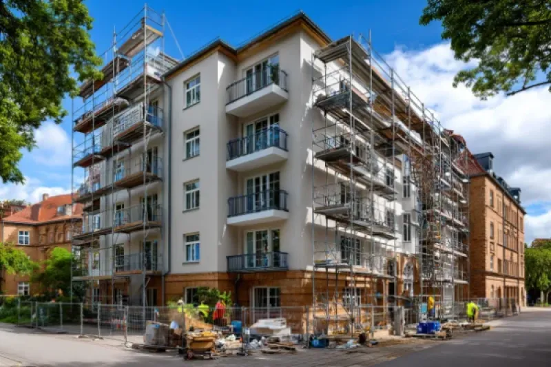Mehrfamilienhaus wird renoviert und ist eingerüstet