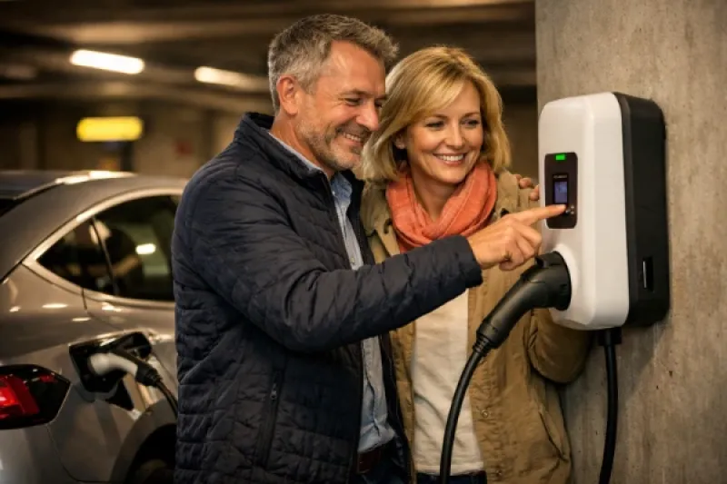 Ehepaar inspiziert eine Wallbox in einer Tiefgarage