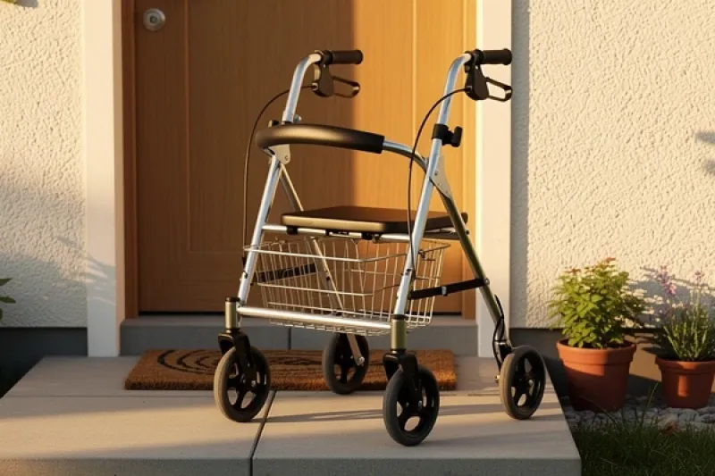 ein vor einer Haustür abgestellter Rollator