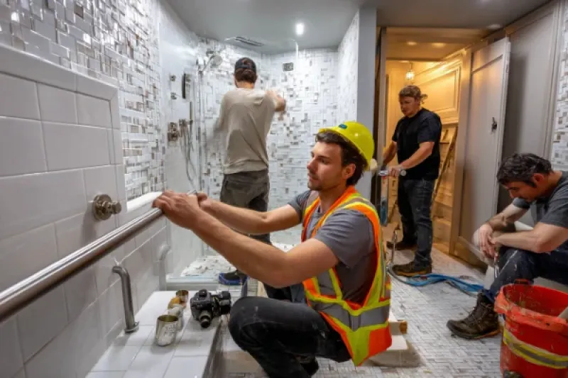 Handwerker bauen ein Badezimmer um