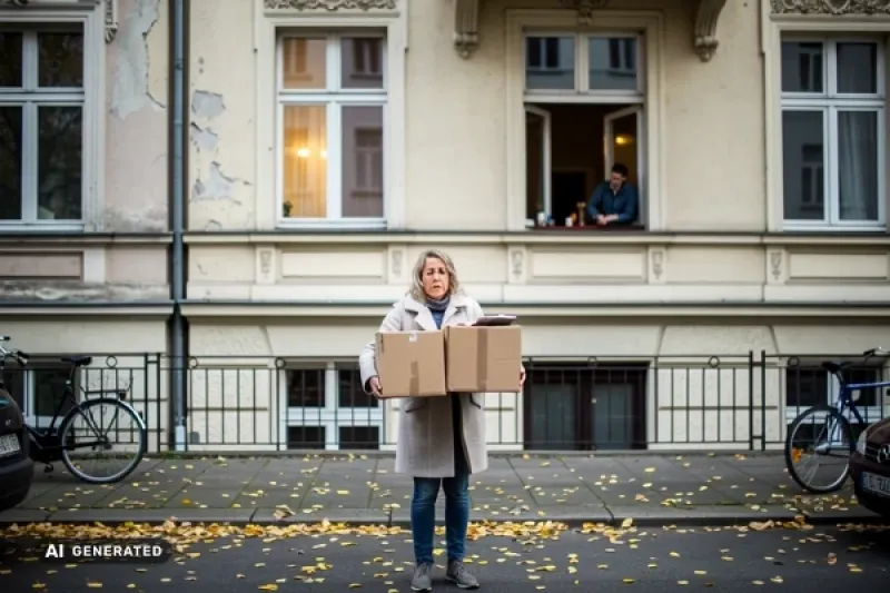 Frau mit Umzugskartons vor einer Berliner Altbauwohnung