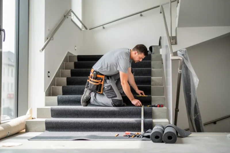 Handwerker verlegt im Treppenhaus einen neuen Teppichboden