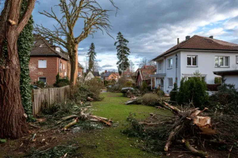 Einbauküche mit einem leeren Kühlschrank, dessen Tür aufsteht