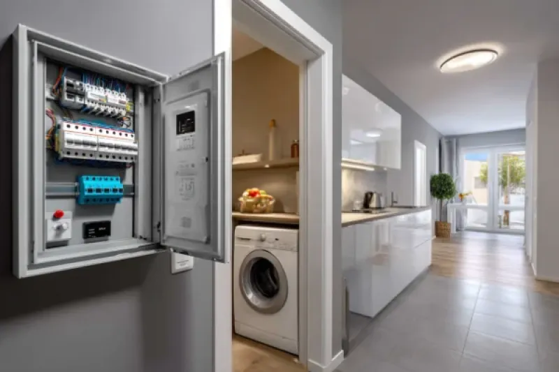 Schreibtisch in einem Maklerbüro, Laptop mit Hausexposé und Schlüssel liegen auf einem Schreibtisch