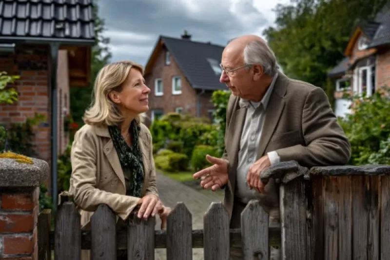 Eine Frau und ein älterer Herr stehen am Gartenzaun und reden miteinander.