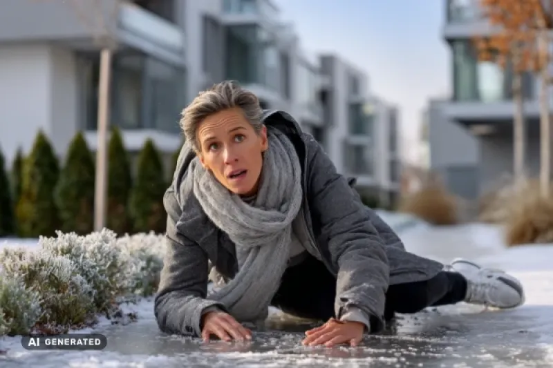 Frau mittleren Alters ist auf eisglatten Hauszugang ausgerutscht.