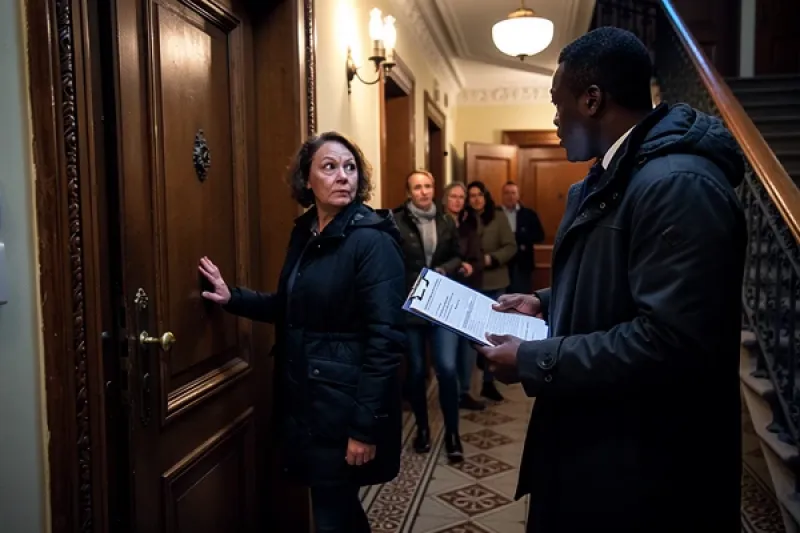 Dunkelhäutiger Mann unterhält sich in einem Treppenhaus mit einer Mieterin