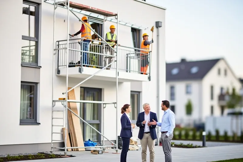 Bauarbeiter sanieren einen Balkon in der ersten Etage eines Mehrfamilienhauses