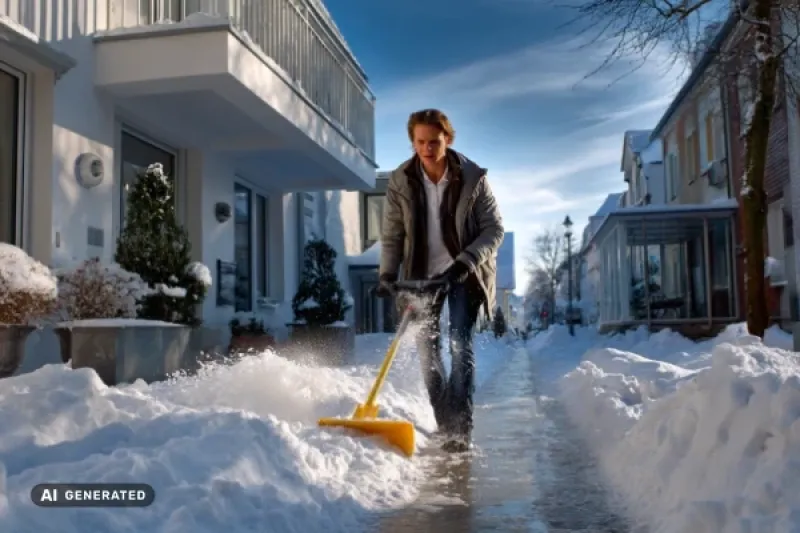 Junger Mann kehrt vor einem Haus den Schnee.