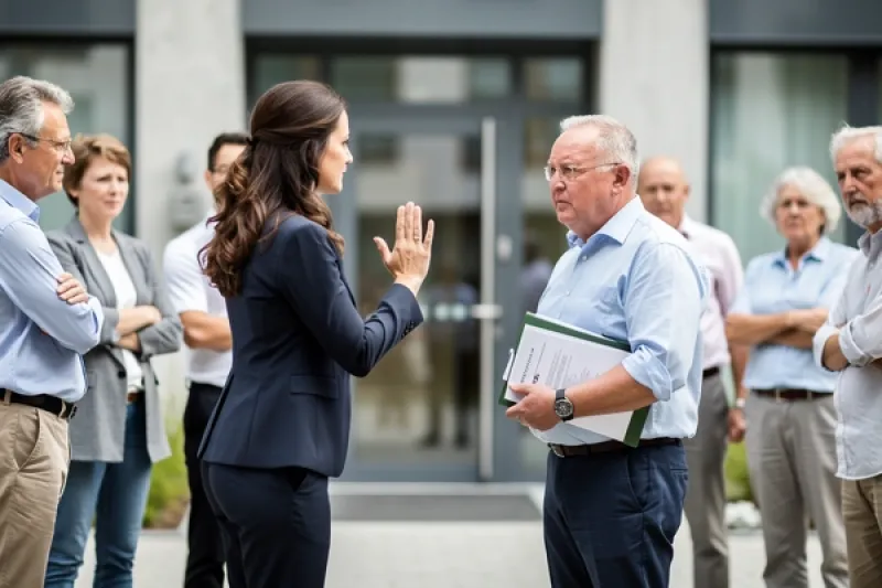 Eine Frau und ein älterer Herr streiten sich vor einem Gebäude, mehrere Personen schauen im Hintergrund zu