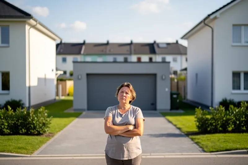 Frau steht mit verschränkten Armen vor einer Garage zwischen zwei Mehrfamilienhäusern