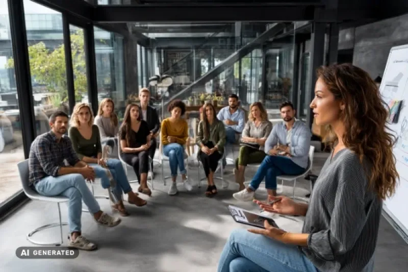Eigentümerversammlung: Eine Gruppe von 10 Leuten sitzt und hört einer Rednerin zu, die auf einem Whiteboard etwas präsentiert