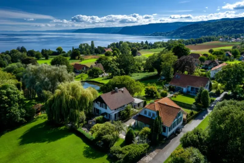 ländliche Landschaft mit Bauernhof am Bodensee