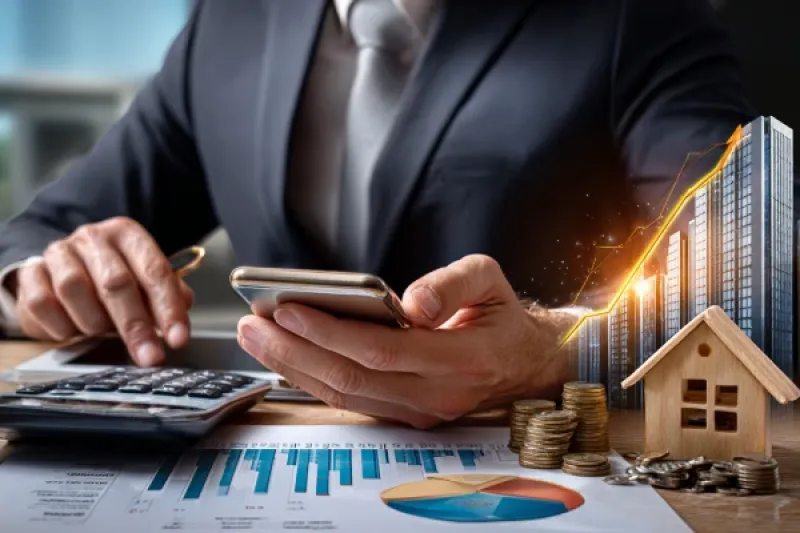 Geschäftsmann kalkuliert mit Taschenrechner eine Mieterhöhung