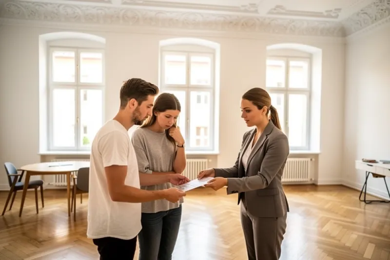 Eine Maklerin reicht einem jungen Paar ein Dokument zur Unterschrift während einer Wohnungsbesichtigung