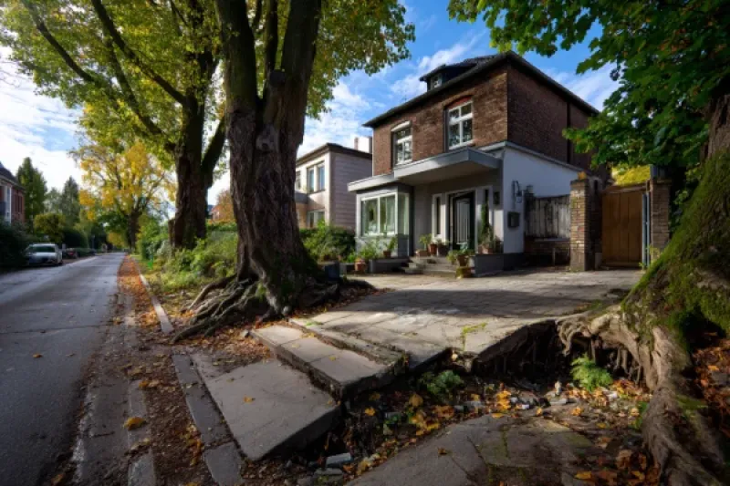 Straße mit Bäumen und anliegender Wohnbebauung