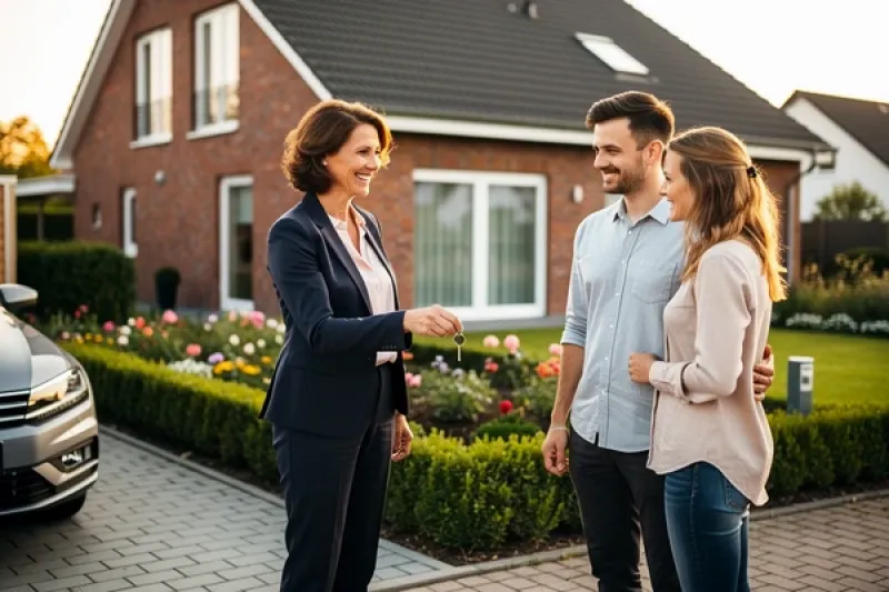 Eine Maklerin übergibt einen Haustürschlüssel an ein junges Paar