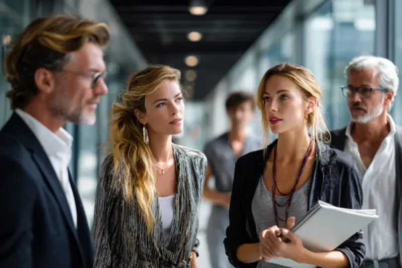 Eine Gruppe von Wohnungseigentümern unterhält sich auf einem Flur