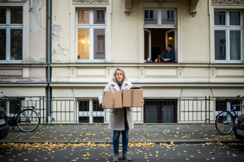 Frau mit Umzugskartons vor einer Berliner Altbauwohnung