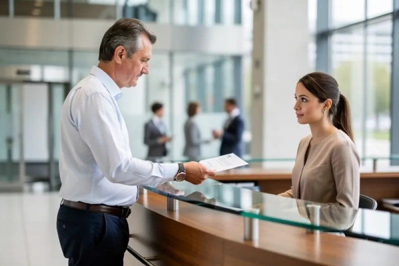 Ein Mann übergibt ein Schreiben an eine Rezeptionistin