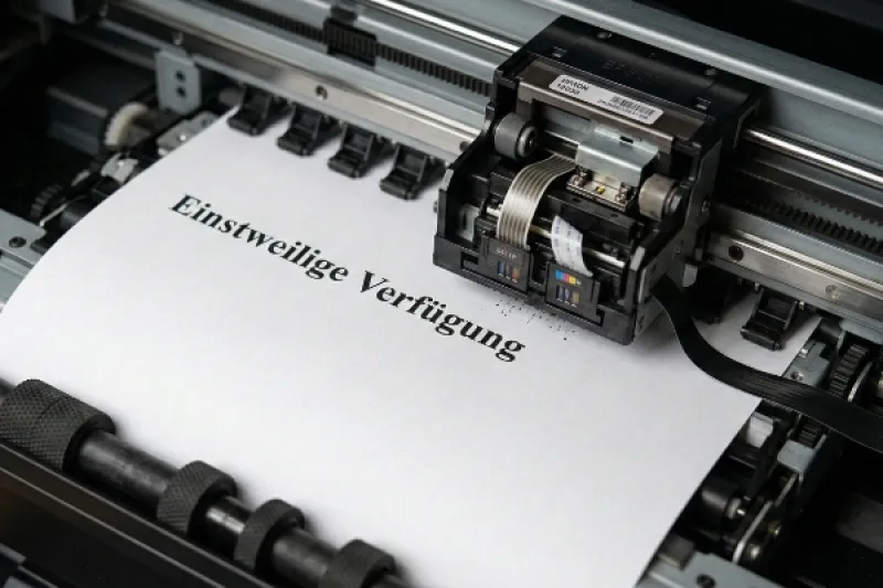 Papier im Drucker mit der Überschrift "Einstweilige Verfügung"