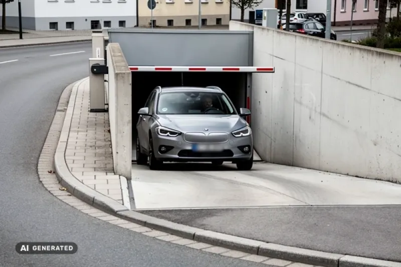 Auto fährt aus einer engen Tiefgarageneinfahrt