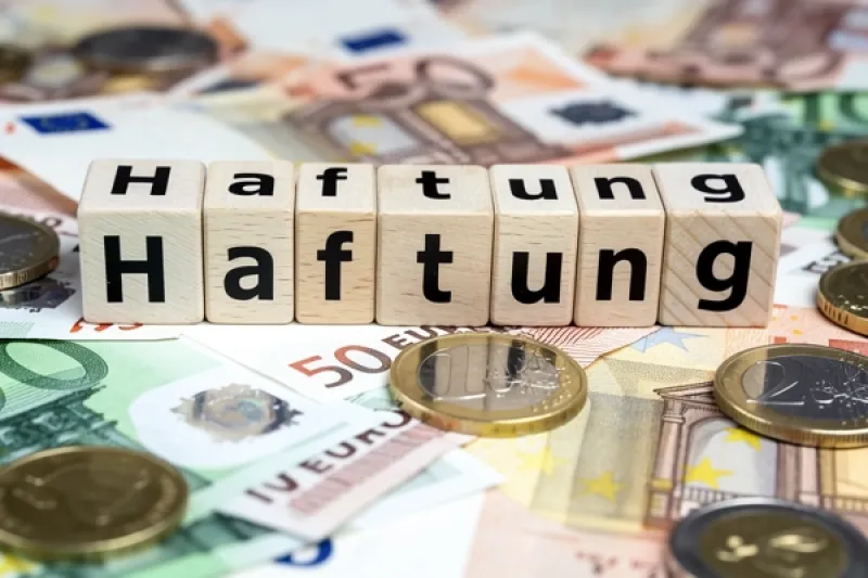 Symbolbild: Würfel mit der Beschriftung "Haftung" auf Euroscheinen