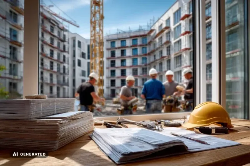 moderne Apartmentsiedlung in Bau, ein Kran und mehrere Bauarbeiter sind hinter einem Fenster zu sehend, im Vordergrund auf einem Tisch Planunterlagen und ein Bauhelm