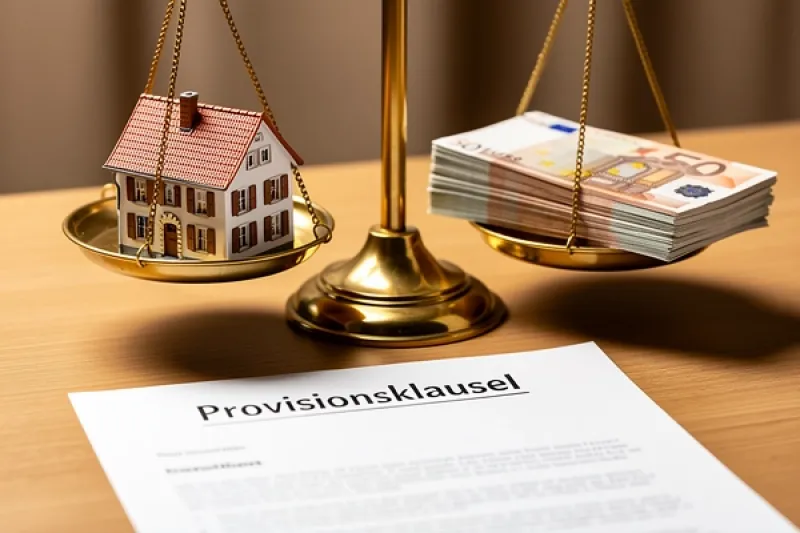 Symbolbild: Waage mit einem Haus und einem Stapel Geldscheinen auf der Waagschale. Im Vordergrund eine Papier mit der Überschrift "Provisionsvereinbarung"
