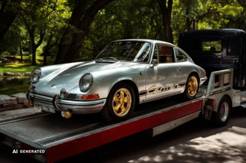 alter Porsche auf einem Abschleppwagen