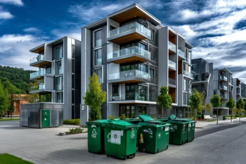 moderner Wohnkomplex, im Vordergrund Müllcontainer