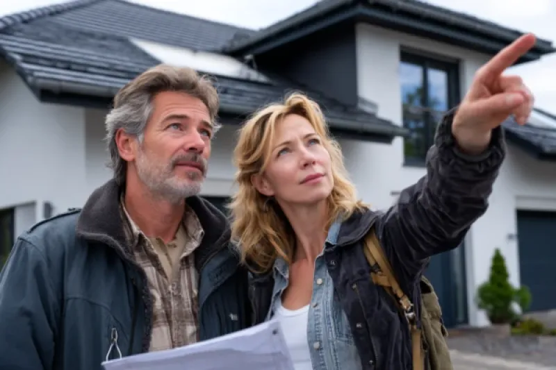 Paar steht vor einem Einfamilienhaus, die Frau deutet mit dem Zeigefinger auf das Dach