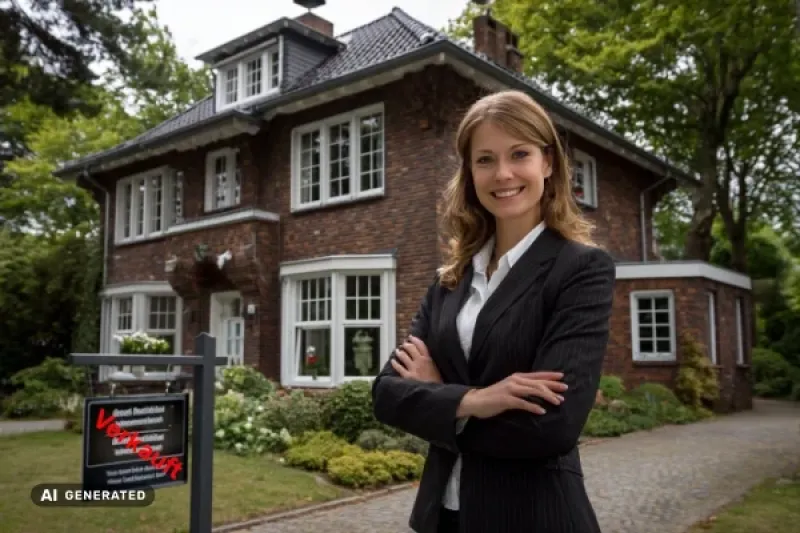 Makler steht vor einer alten Villa, vor dem Haus ein Verkaufsschild mit der Aufschrift "Verkauft"