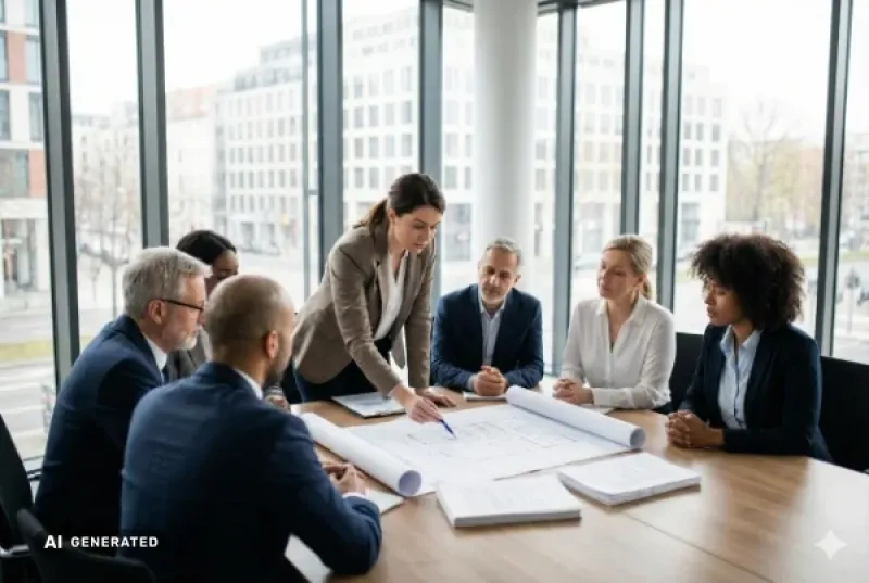 eine Eigentümergemeinschaft berät über Umbaupläne in einem Büro