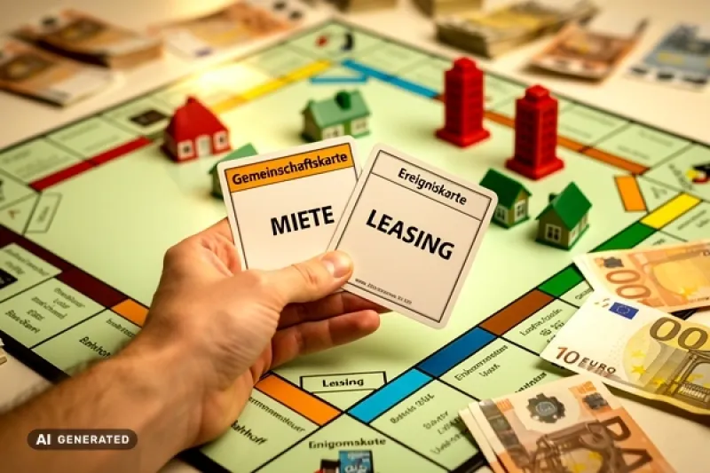 Eine Hand hält vor einem Monopoly-Spiel zwei Ereigniskarten in der Hand die mit Miete und Leasing beschriftet sind