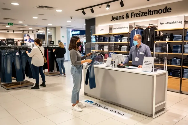 Geschäft für Freizeitbekleidung in einem Shopping-Center, Kunden und Verkäufer tragen Atemschutzmasken