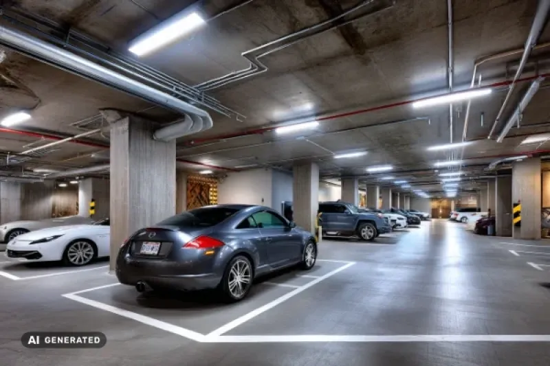 Tiefgarage von innen mit geparkten Fahrzeugen