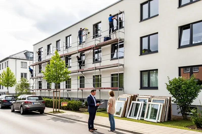 Mehrfamilienhaus eingerüstet für Fenstererneuerung, zwei Eigentümer stehen vor dem Haus
