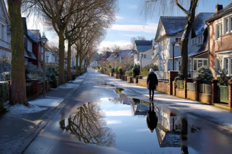 Siedlungsstraße im Winter, eine Frau geht auf dem verschneiten Bürgersteig