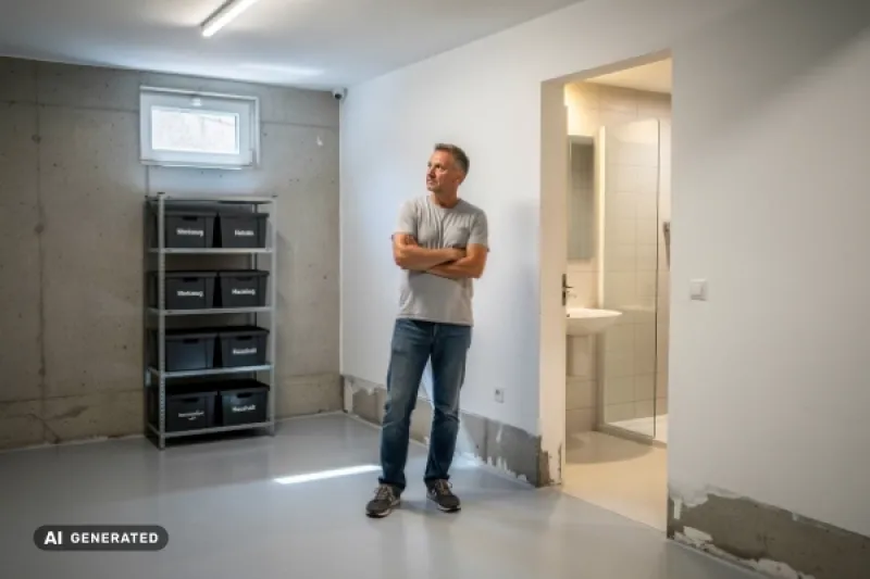 Ein Mann steht im Keller vor einem ausgebauten Badezimmer