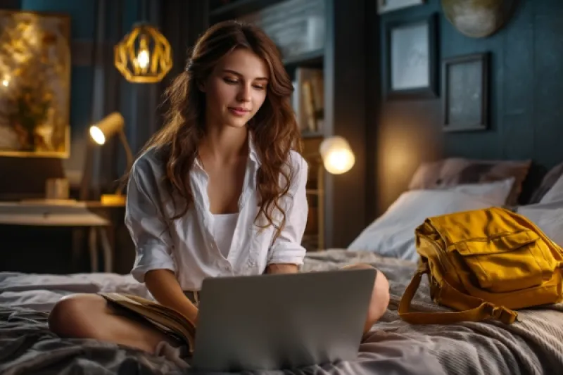 junge Studentin sitzt mit einem Laptop auf ihrem Bett