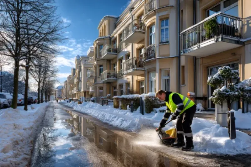 Arbeiter räumt Schnee vor einem Mehrfamilienhaus