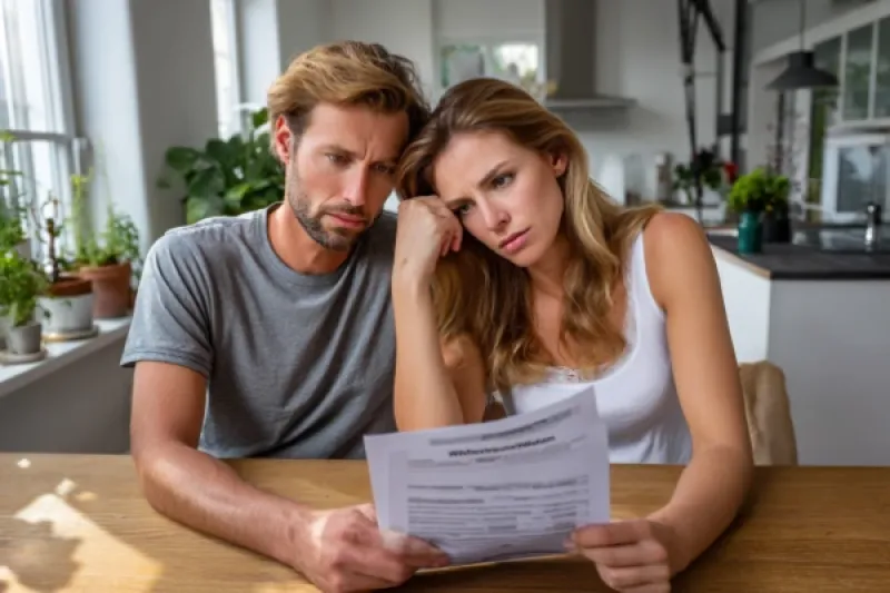 Junges Paar sitzt am Küchentisch und grübelt über ein Schreiben